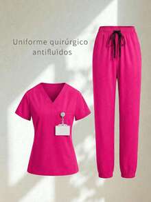 Conjunto uniforme médico quirúrgico set 2 piezas dama mujer manga corta cuello v pantalón jogger resorte cordón cómodo - Rosa Fucsia - Ver 1