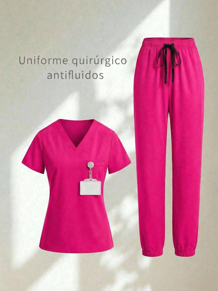 Conjunto uniforme médico quirúrgico set 2 piezas dama mujer manga corta cuello v pantalón jogger resorte cordón cómodo - Rosa Fucsia - Ver 1
