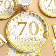 55/25/10pcs Gold Balloons 70th Birthday Happy Birthday Disposable Plates Napkins Cups, Disposable Party Supplies Set, Suitable For 10 Guests, Disposable Paper Plates Party Tableware Suitable For Birthday Wedding Theme Party Family Picnic - Style 6 - View 5