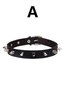 朋克哥特风铆钉手镯金属镶钉腕带项链可调节 - 黑色 - 查看 8