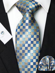 1/2/3/4/5 Pcs Men's Blue Plaid Necktie, Pocket Square, Silver Tie Clip, Cufflinks And Lapel Pin Combination Set, For Workplace, Business, Meetings, Weddings - Baby Blue - View 20