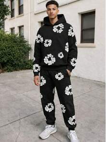Hoodie With Pocket + Cotton Floral Print Pants Set, Youthful Style, Winter Fashion, Sweatshirt. - 黑色 - 查看 1