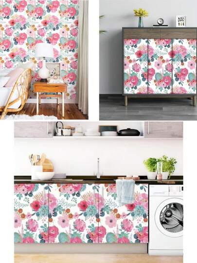 1 Roll Removable Watercolor Floral Pattern Wallpaper, Easy To Install, Suitable For Bedroom, Kitchen, Living Room, Dorm, Backdrop, Cabinet, Desk, Home Decor, DIY Wall Sticker, 17.7inX39.3/118.1/196.8in