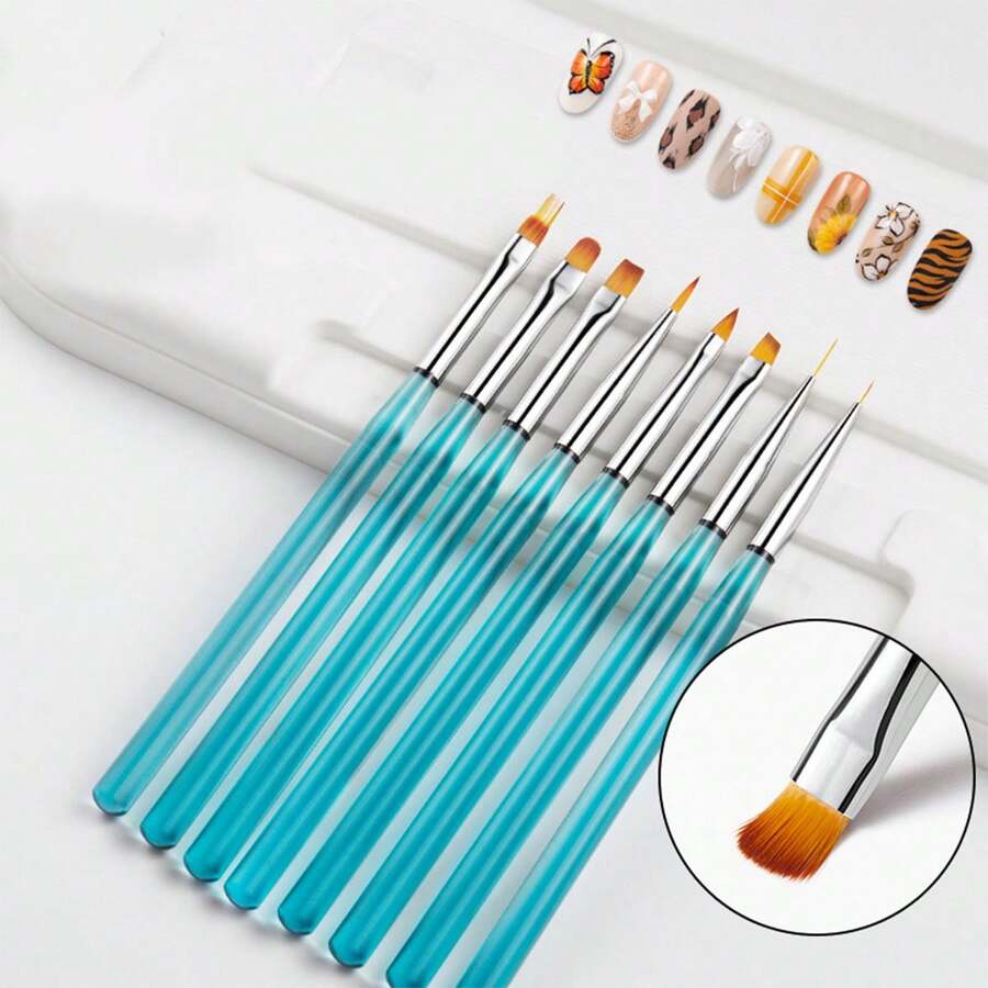 8pcs Acrylic Handle Nail Art Brush Set, Blue - Baby Blue - View 1