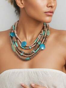 Collar de cuentas de turquesa falsa con estilo bohemio, collar multicapa con degradado y diseño único como accesorio de vacaciones - Multicolor - Ver 7