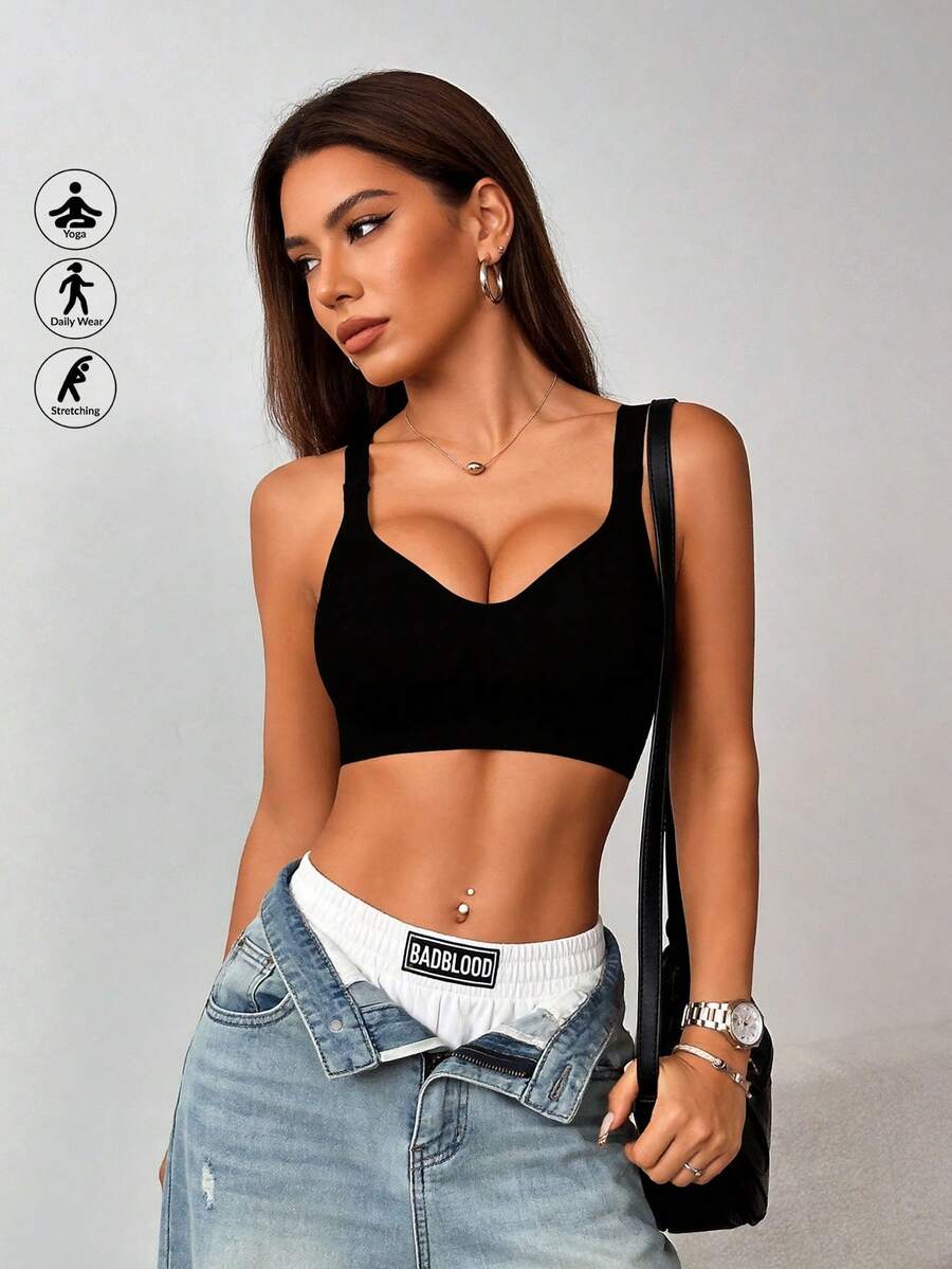 Runway Rest Yoga Basic 1pc Women's Removable Padded Seamless Sports Bra For Summer, With Lift Support - Black - View 1