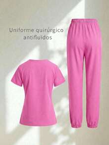 Conjunto uniforme médico quirúrgico set 2 piezas dama mujer manga corta cuello v pantalón jogger resorte cordón cómodo - Rosa - Ver 2