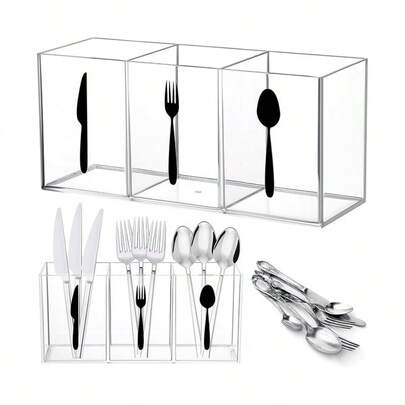 1pc Transparent Cutlery Organizer, Elegant 3-Compartment Plastic Utensil Holder, Large Capacity Silverware Storage Box, Easy To Clean, Suitable For Home Use