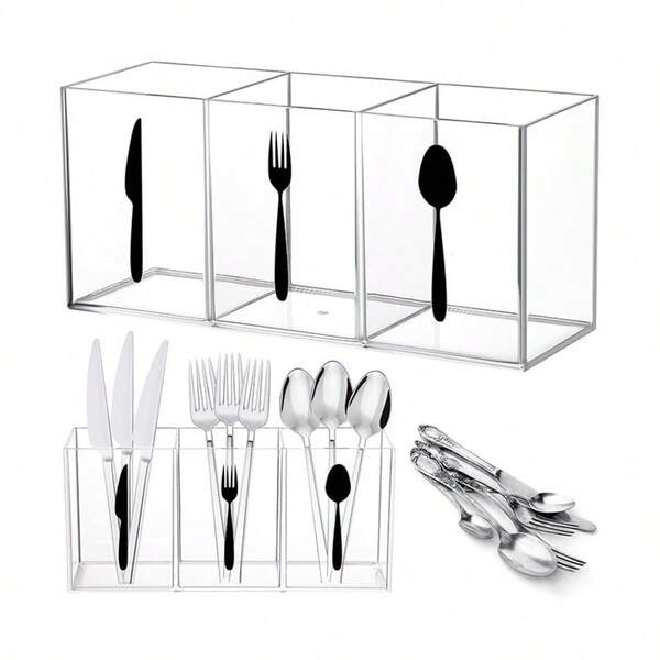 1pc Transparent Cutlery Organizer, Elegant 3-Compartment Plastic Utensil Holder, Large Capacity Silverware Storage Box, Easy To Clean, Suitable For Home Use
