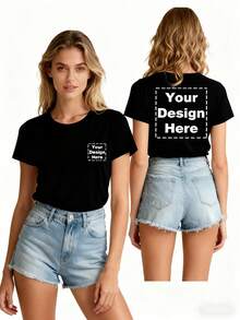 Women's Customizable Crew Neck T-Shirt.100% Pure Cotton 220g Heavyweight Personalize With Printed Name, Text Or Photo, Commuting, Leisure. Comfortable, Breathable, Soft. Gift For Family Members On Mother's Day/Women's Day - Black - View 1