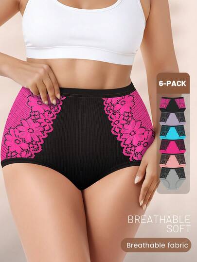 6pcs Plus Size Women's Lace Trim Jacquard Pattern Soft Breathable Underwear Set