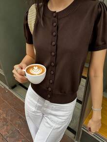 GIGOGOU Áo khoác cardigan dệt kim tay ngắn cho nữ mùa xuân hè, kiểu dáng thoải mái, thoáng khí, ôm sát, đơn giản. - Cà phê nâu - Xem 1