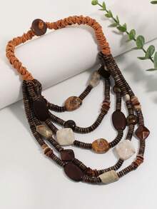 Bohemian Style Maillard Multi-Layer Wooden Beaded Necklace, Niche Design Retro Resin Splicing Choker - Brown - View 8