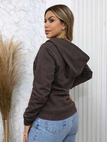 Women's Casual Zip-Up Jacket With Solid Color Hat. - Cà phê nâu - Xem 4