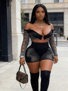 2026 Women's High-End Long-Sleeve Top And High-Waist Hollow-Out Fashion Shorts Set For Outerwear - 黑色 - 查看 1