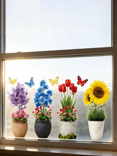 4盆盆栽植物，分别开红、黄、紫、蓝四种颜色的花朵。可移除窗贴，适用于装饰门窗、浴室、卧室、客厅和办公室。可组合摆放。