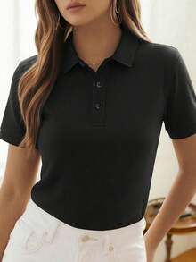 女士夏季Polo衫，轻薄短袖T恤，休闲弹力纯色上衣，适合日常外出、办公、聚会和派对，黑色 - 黑色 - 查看 2