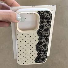 1pc White Lychee Texture Matte Minimalist Lens Protection, Partial Screen Polka Dot & Lace Pattern Mosaic Phone Case, Personalized For IPhone 16 Pro Max, 17/16/15/14 Plus/13/12/11, Air, Compatible With Samsung Series - Multicolor - View 1