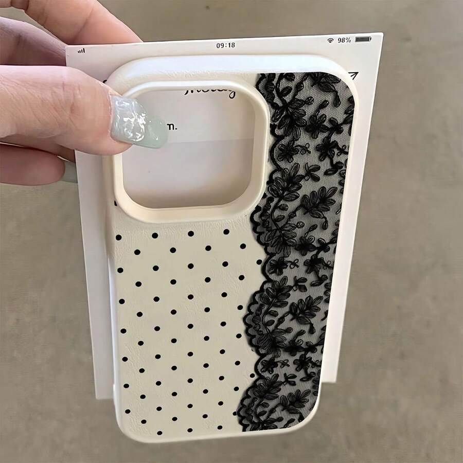 1pc White Lychee Texture Matte Minimalist Lens Protection, Partial Screen Polka Dot & Lace Pattern Mosaic Phone Case, Personalized For IPhone 16 Pro Max, 17/16/15/14 Plus/13/12/11, Air, Compatible With Samsung Series - Multicolor - View 1