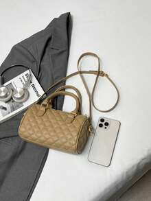 Luxury Quilted Boston Bag For Women, Designer Inspired Mini Handbag With Detachable Lace Pearl Pendant, Multifunctional Top Handle And Adjustable Shoulder Strap, Elegant PU Leather Tote Suitable For Work, Date And Daily Use, Classic Small Pillow Bag Design - Khaki - View 10