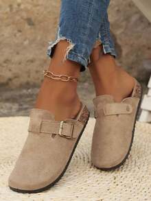 Women's Suede Mule Slippers, Casual Shoes, Flat Slippers, With Metal Buckle Decoration, Round Toe, Non-Slip Rubber Sole, Suitable For Spring And Summer Home Wear And Outdoor Vacations - 卡其色 - 查看 8