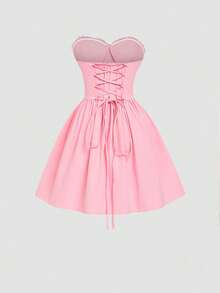 女士纯色梭织A字露背系带褶皱优雅性感度假连衣裙 粉色夏季 - 粉色 - 查看 5