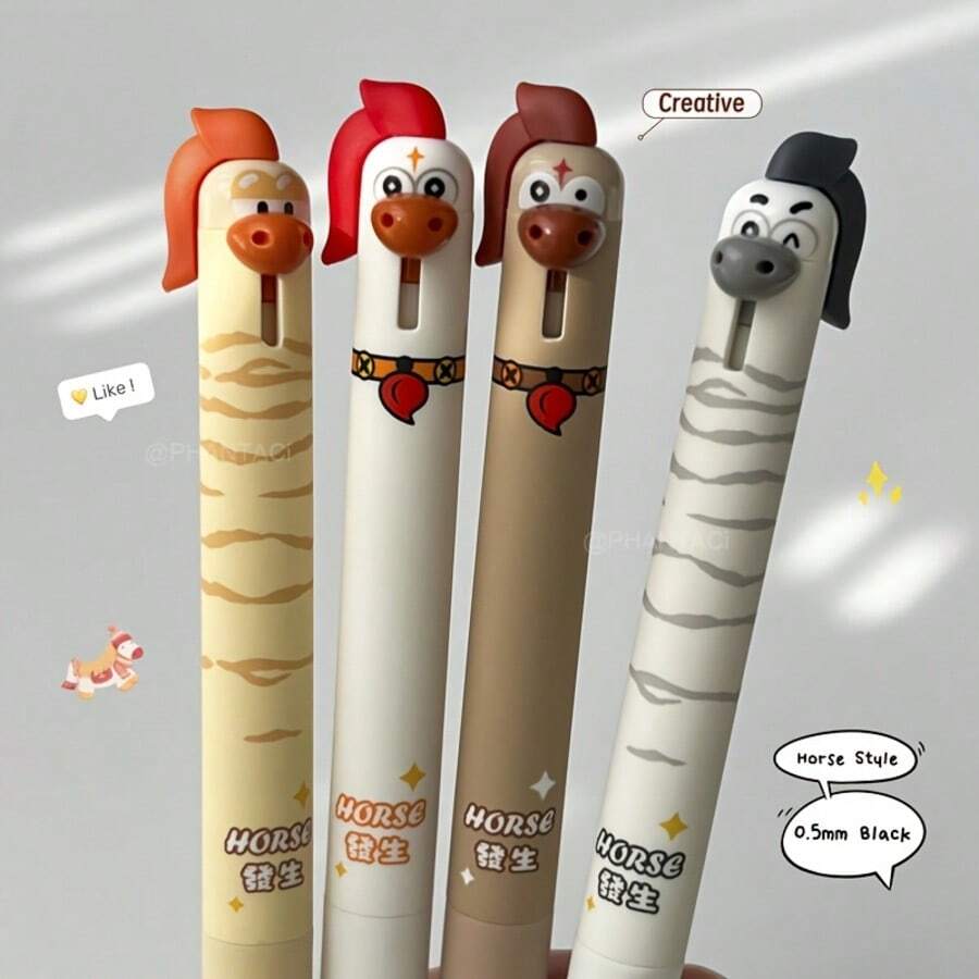 4pcs/Set Pony Style Neutral Pens, 0.5mm Quick-Drying Black Ink, Creative Animal Design Writing Pens, Office Supplies - Sets - View 1