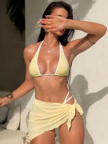 三件套Y2K风格米黄色白格比基尼套装，饰有荷叶边，搭配透视网纱迷你连衣裙罩衫，性感可爱优雅复古乡村风泳装，适合夏季度假、海滩派对、蜜月旅行、春假、复活节、音乐节等场合。 - 黃色 - 查看 1