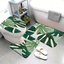 A Set Of Bathroom Short Plush Mats Featuring A Tropical Green Leaf Pattern, Including A Toilet Seat Cover, A U-Shaped Toilet Mat, Made Of Soft Flannel Material, Designed To Be Non-Slip - Nhiều màu - Xem 3