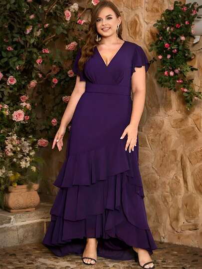Women Plus Size Elegant Flowy Chiffon Short Sleeve Solid Color Elegant Mature Party Chiffon Multi-Tier Ruffle V-Neck High-Low Evening Bridesmaid Wedding Guest Maid Of Honor Formal Maxi Long Prom Dress, Spring/Summer/Autumn