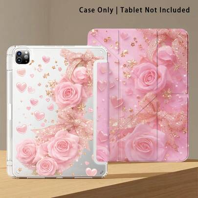 Pink Rose, Heart & Golden Star Pattern Acrylic Crystal Case, Compatible With Honor, Apple Tablets. Anti-Bending, Reinforced Silicone Edges, Auto Wake/Sleep, Built-In Pen Slot, Multi-Angle Foldable Stand - Perfect Daily Protection, Ideal Gift