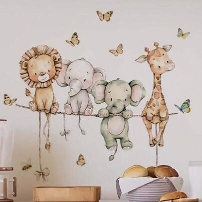 1 Stück süßer kleiner Cartoon-Tier-Schleifen-Wandaufkleber, Giraffe, Elefant, Löwe, abnehmbarer Wandtattoo für Schlafzimmer, Wohnzimmer