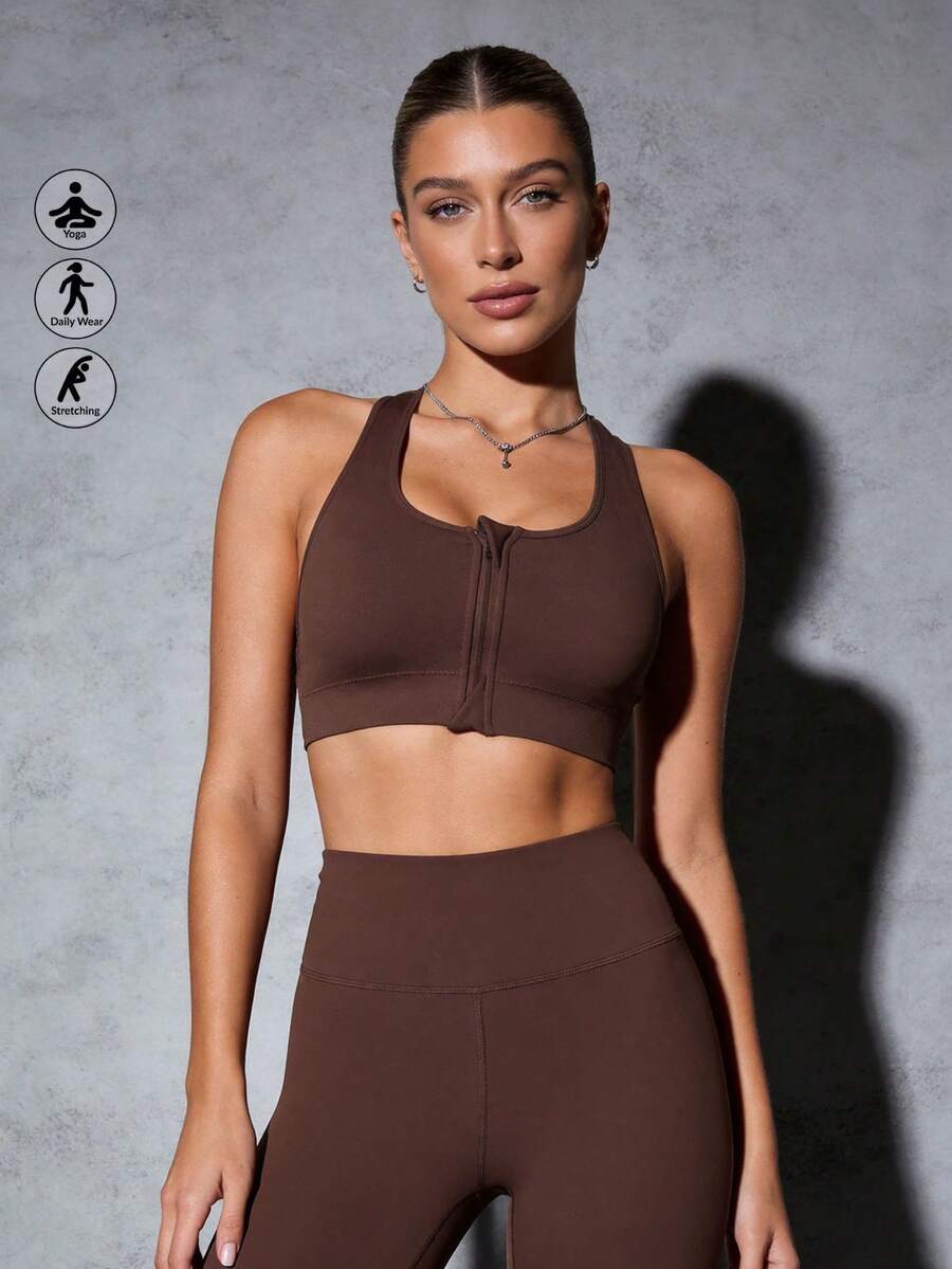 Áo ngực thể thao Runway Rest 1 mảnh có khóa kéo, đệm mút có thể tháo rời, không đường may, co giãn, thích hợp cho hoạt động thể thao. - Cà phê - Xem 1