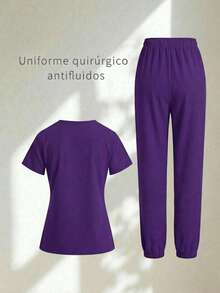 Conjunto uniforme médico quirúrgico set 2 piezas dama mujer manga corta cuello v pantalón jogger resorte cordón cómodo - Morado - Ver 2