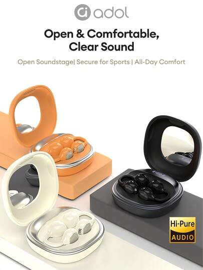  Adol J113 New Fashion Bluetooth Earphones, Clip-On Smart Display With Built-In Makeup Mirror, Open-Ear Design, Comfortable & Clear High-Quality Audio, Long Battery Life, Lightweight For Sports, Outdoor, Office & Business Use, Compatible With Smartphones & Computers