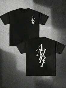 Stacked Amiris Lettering Y2K T-Shirt Double Sided Printed (220g 100% Cotton T-Shirt), Summer Clothes, Men's Tops, Casual And Comfortable, Fashionable Graphic Tee, Unisex Style - màu đen - Xem 1