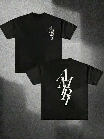Stacked Amiris Lettering Y2K T-Shirt Double Sided Printed (220g 100% Cotton T-Shirt), Summer Clothes, Men's Tops, Casual And Comfortable, Fashionable Graphic Tee, Unisex Style
