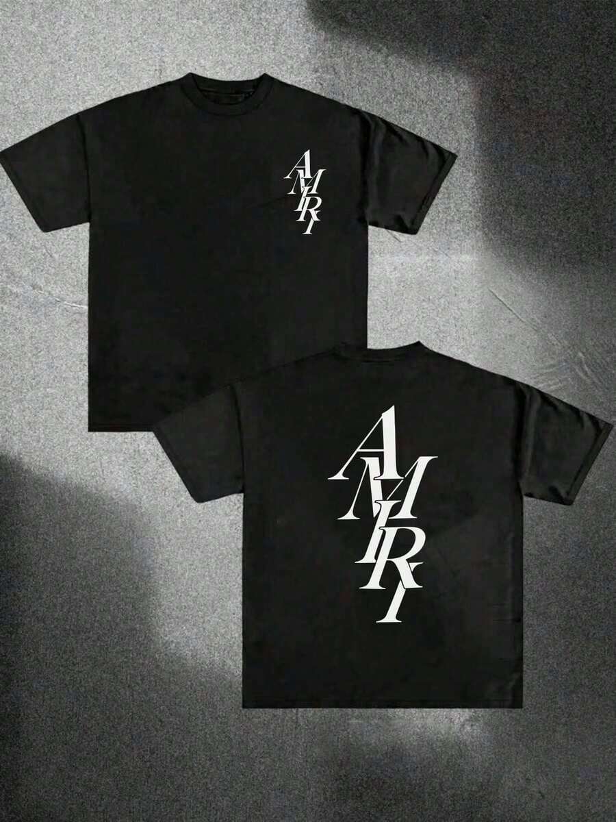 Stacked Amiris Lettering Y2K T-Shirt Double Sided Printed (220g 100% Cotton T-Shirt), Summer Clothes, Men's Tops, Casual And Comfortable, Fashionable Graphic Tee, Unisex Style - màu đen - Xem 1