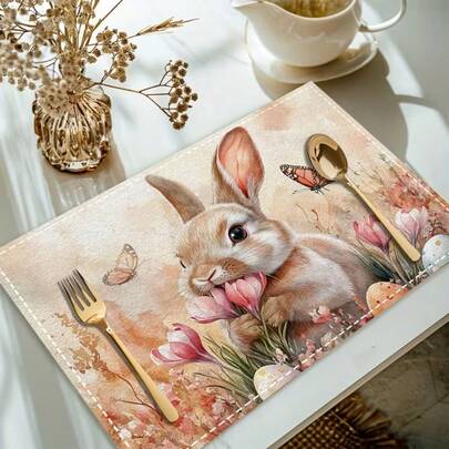 4pcs Easter Theme Placemats, Adorable Rabbit Pattern With Easter Eggs And Floral Design, Suitable For Party Dining, Holiday Decor And Easter Decoration. Size: 30x45cm, Applicable For Seasonal Home Decor, Holiday Table Decor, Farmhouse Holiday Decor, Washable . An Ideal Gift Choice.