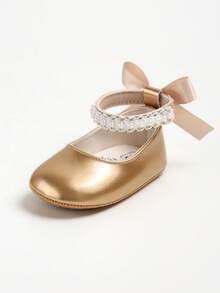 Sepatu Flat Mary Jane untuk Bayi Perempuan Baru Lahir, Dekorasi Pita, Sol Lembut Anti Selip, Sepatu Bayi Pra-berjalan dari Kulit PU, Pita Mutiara - Emas - View 4