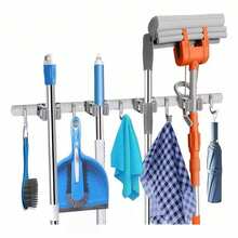 Stainless Steel Wall-Mounted Broom Holder With 7 Or 9 Hooks For Brooms, Mops, And Cleaning Utensils. - 銀色 - 查看 1