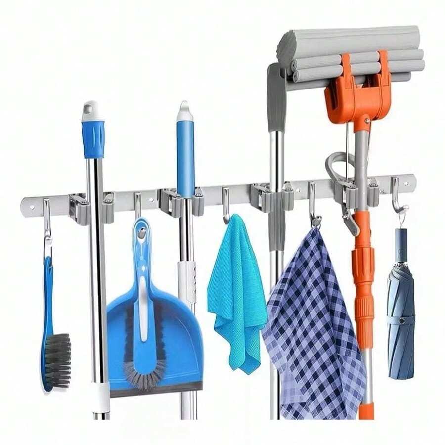 Stainless Steel Wall-Mounted Broom Holder With 7 Or 9 Hooks For Brooms, Mops, And Cleaning Utensils. - 銀色 - 查看 1