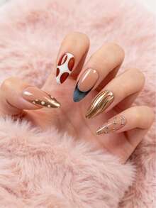 Set de 10 pegatinas de uñas con forma de almendra hechas a mano, diseño de uñas dulce para niña, forma de almendra mediana, pegatinas de uñas con relieve acrílico, adecuadas para mujeres y niñas en fiestas, uñas postizas reutilizables con 1 lima de uñas mini y 1 etiqueta adhesiva incluidas - Multicolor - Ver 10