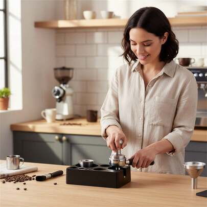 Multifunktionell espressoverktygsstation universal 51-53 mm svart ABS-stativ med portafilterhållare och förvaring av distributionsverktyg