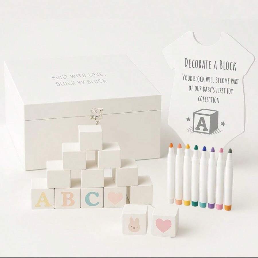 Baby Shower Blocks Decorating Game – 48 White Wooden Cubes To Decorate, Storage Box, 12 Acrylic Markers & Instruction Sign - 白色積木套裝 - 查看 1