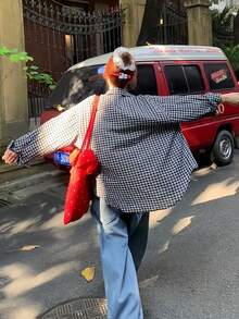 Spring/Summer Korean Retro Red Plaid Loose Casual Collared Shirt For Women Black - Black - View 3