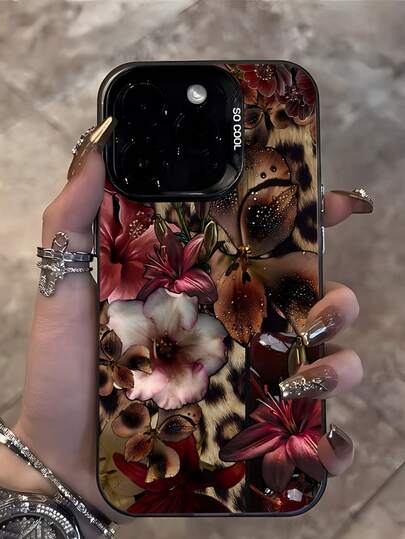 1pc Black Floral Fashion Phone Case Matte Laser Energetic Shell, Personalized American Style Leopard Print Base With Vibrant Floral Collage Pattern Phone Case, Compatible With Iphone 16 Pro Max, 17/16/15/14 Plus, 13/12/11, Air, And Series, International Version, Not The Domestic Version, Birthday Gift