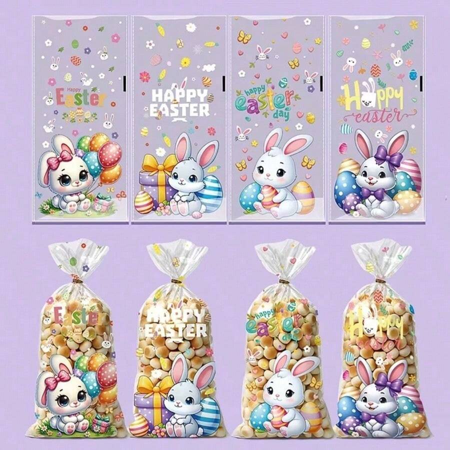 50 túi quà Phục Sinh hình thỏ hoạt hình, thiết kế thỏ dễ thương với dây rút vàng, phù hợp cho nhiều sự kiện tiệc tùng và đóng gói quà tặng. - Xem 1