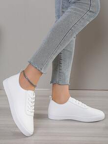 女士白色英式花卉图案系带运动鞋，圆头低帮平底滑板鞋，时尚透气防滑小白鞋，适合学生穿着 - 白色 - 查看 4