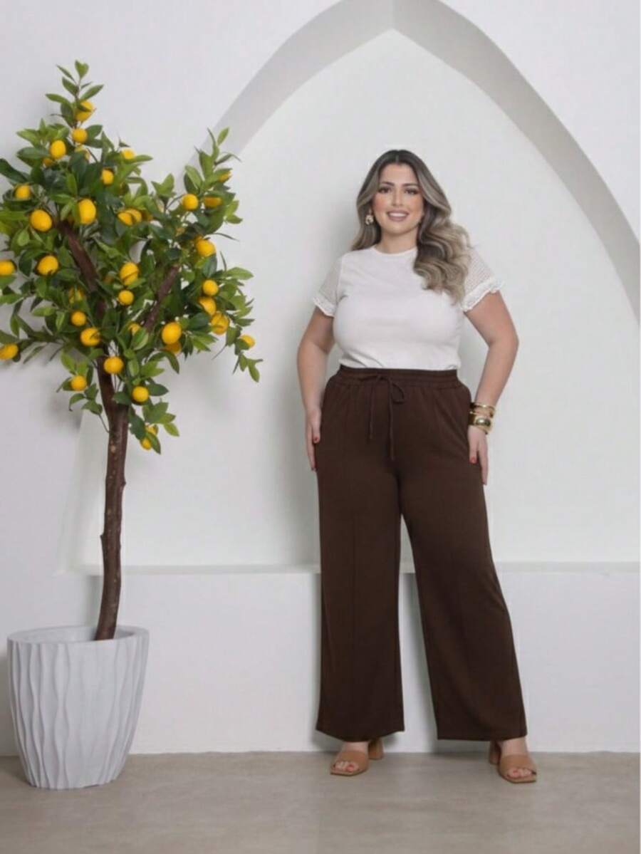 Duna Plus Size Wide-Leg Pants - 深棕色 - 查看 1